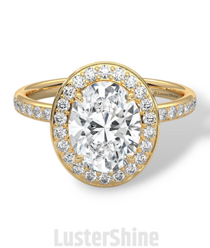 Oval Engagement Ring – Diamond Halo with Pave Band in 14K or 18K Rose Gold – 9x7mm Oval Center – Rose Gold Diamond Pave Band