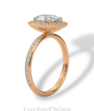 Oval Engagement Ring – Diamond Halo with Pave Band in 14K or 18K Rose Gold – 9x7mm Oval Center – Rose Gold Diamond Pave Band