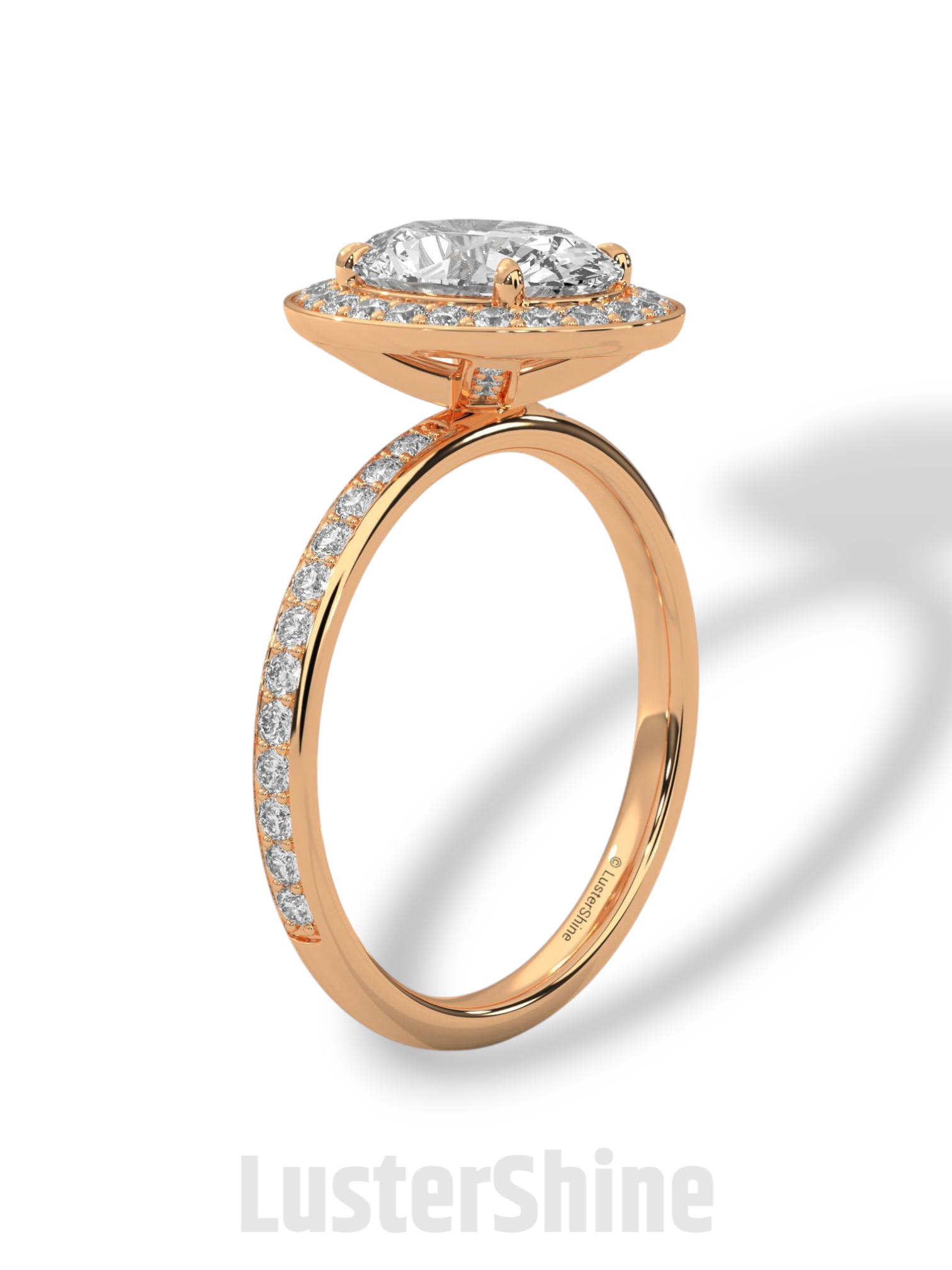 Oval Engagement Ring – Diamond Halo with Pave Band in 14K or 18K Rose Gold – 9x7mm Oval Center – Rose Gold Diamond Pave Band