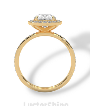 Oval Engagement Ring – Diamond Halo with Pave Band in 14K or 18K Rose Gold – 9x7mm Oval Center – Rose Gold Diamond Pave Band