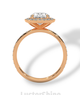 Oval Engagement Ring – Diamond Halo with Pave Band in 14K or 18K Rose Gold – 9x7mm Oval Center – Rose Gold Diamond Pave Band