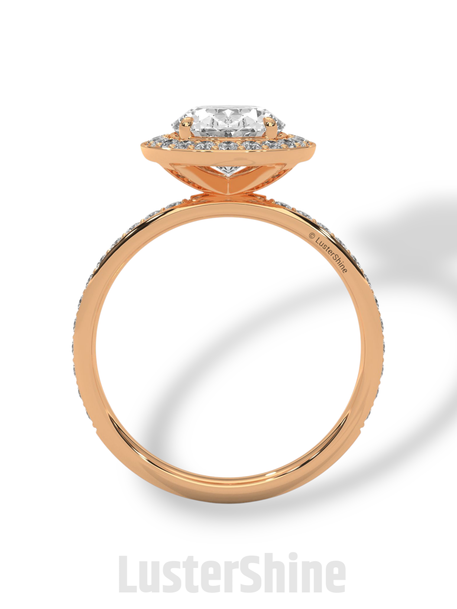 Oval Engagement Ring – Diamond Halo with Pave Band in 14K or 18K Rose Gold – 9x7mm Oval Center – Rose Gold Diamond Pave Band