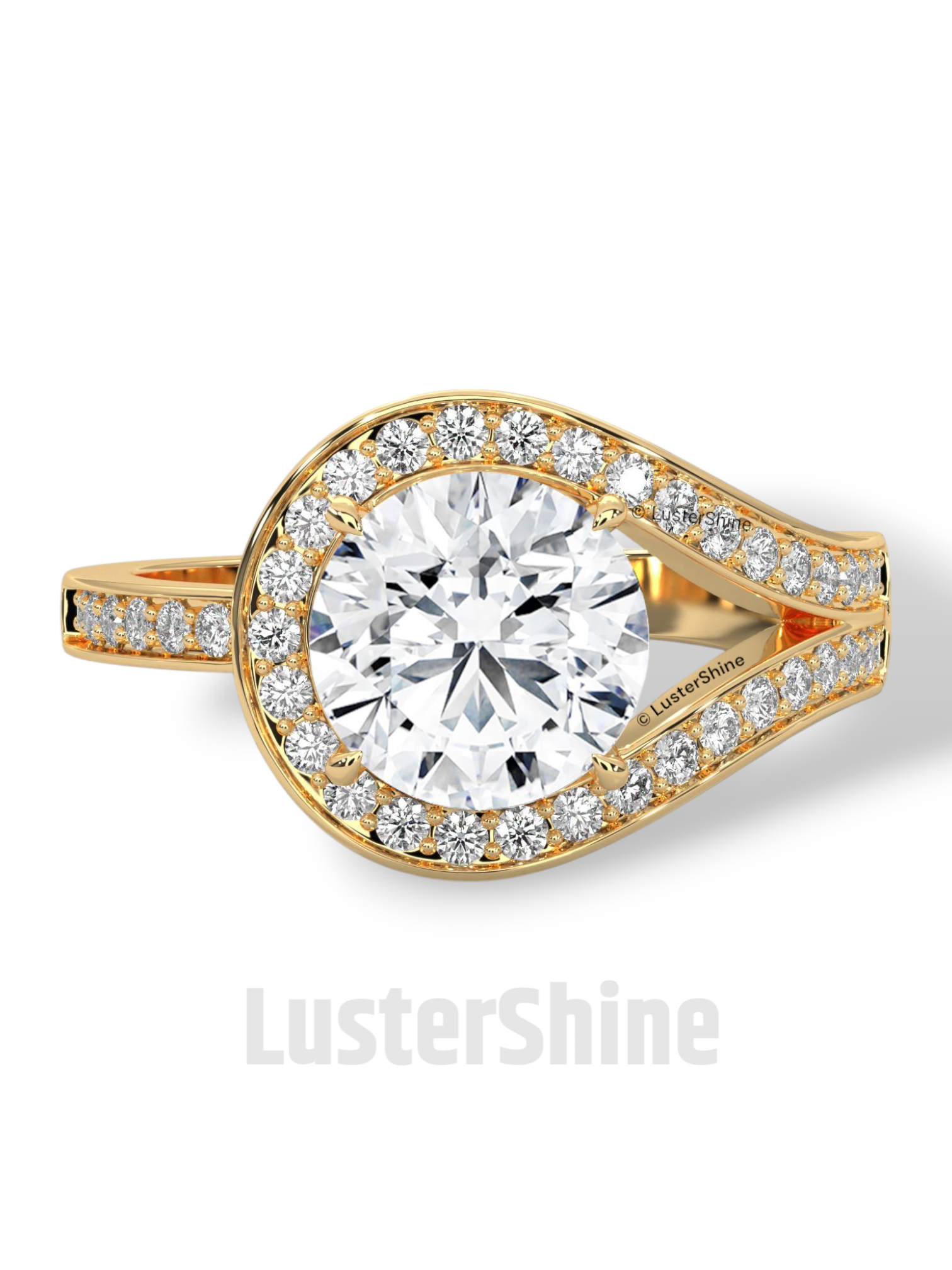 Twisted Halo Round Diamond Engagement Ring – Unique Split Shank Design – 14K 18K Gold – Twist Moissanite Diamond Ring– LusterShine Ring