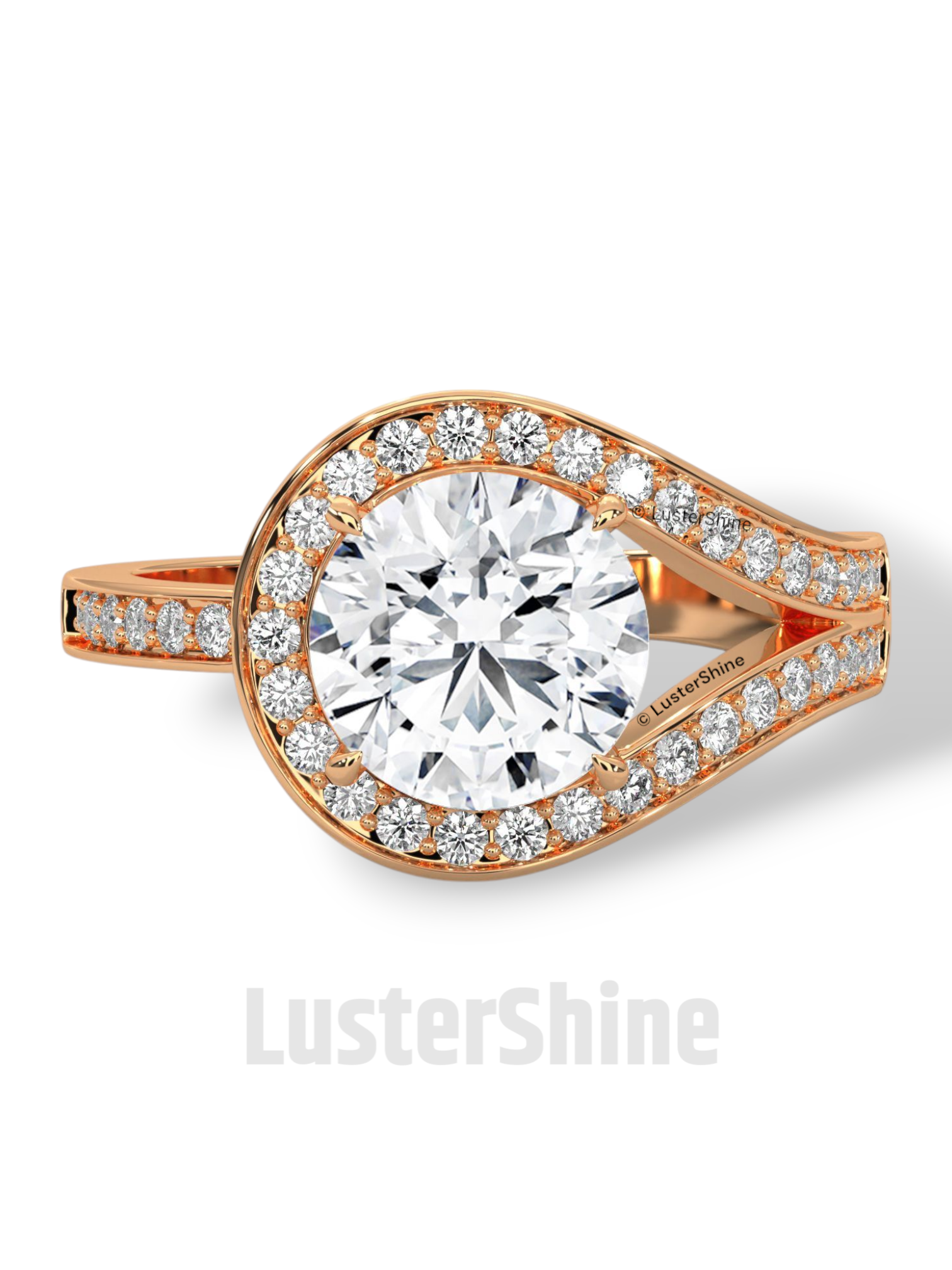 Twisted Halo Round Diamond Engagement Ring – Unique Split Shank Design – 14K 18K Gold – Twist Moissanite Diamond Ring– LusterShine Ring