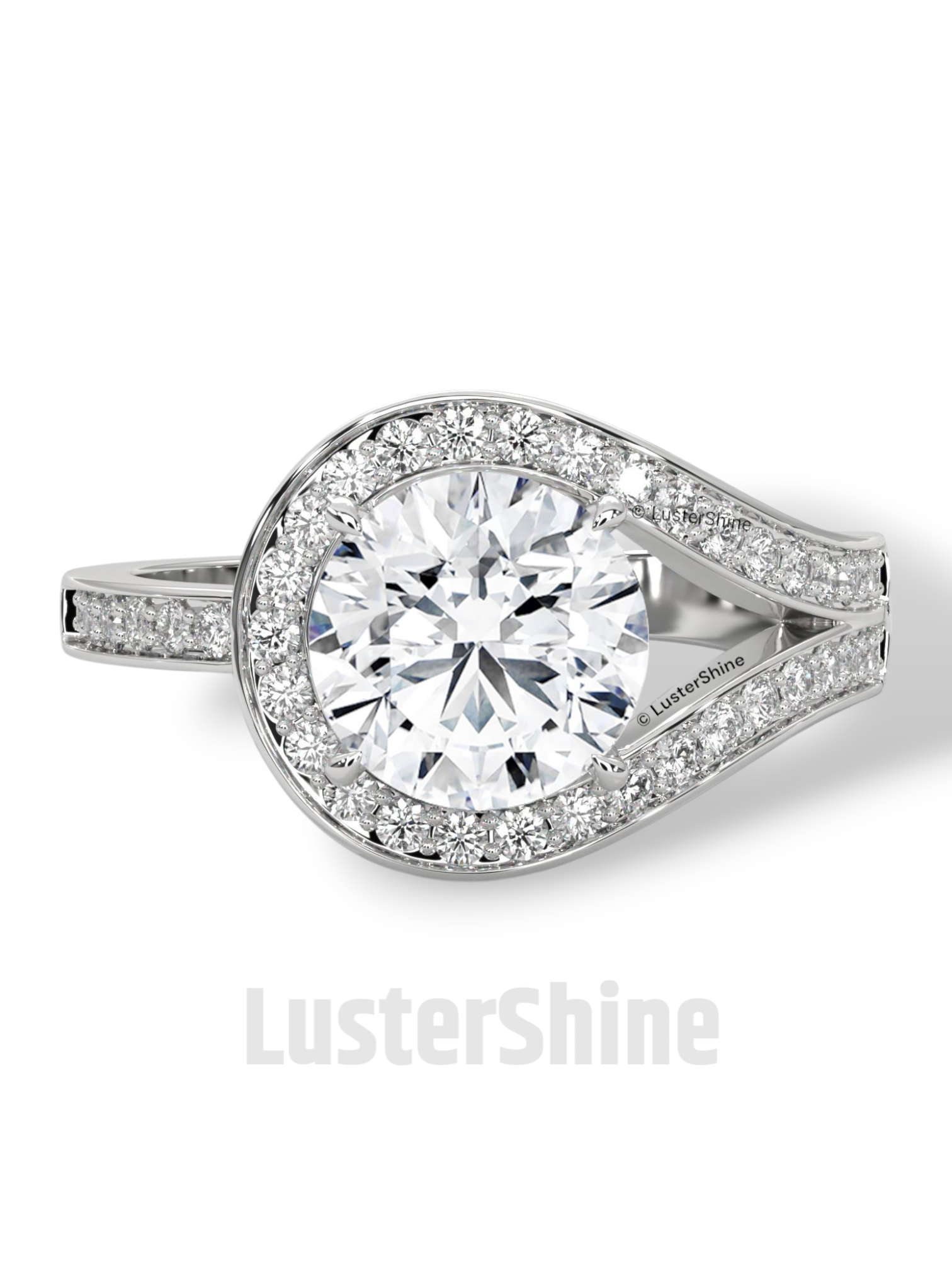 Twisted Halo Round Diamond Engagement Ring – Unique Split Shank Design – 14K 18K Gold – Twist Moissanite Diamond Ring– LusterShine Ring