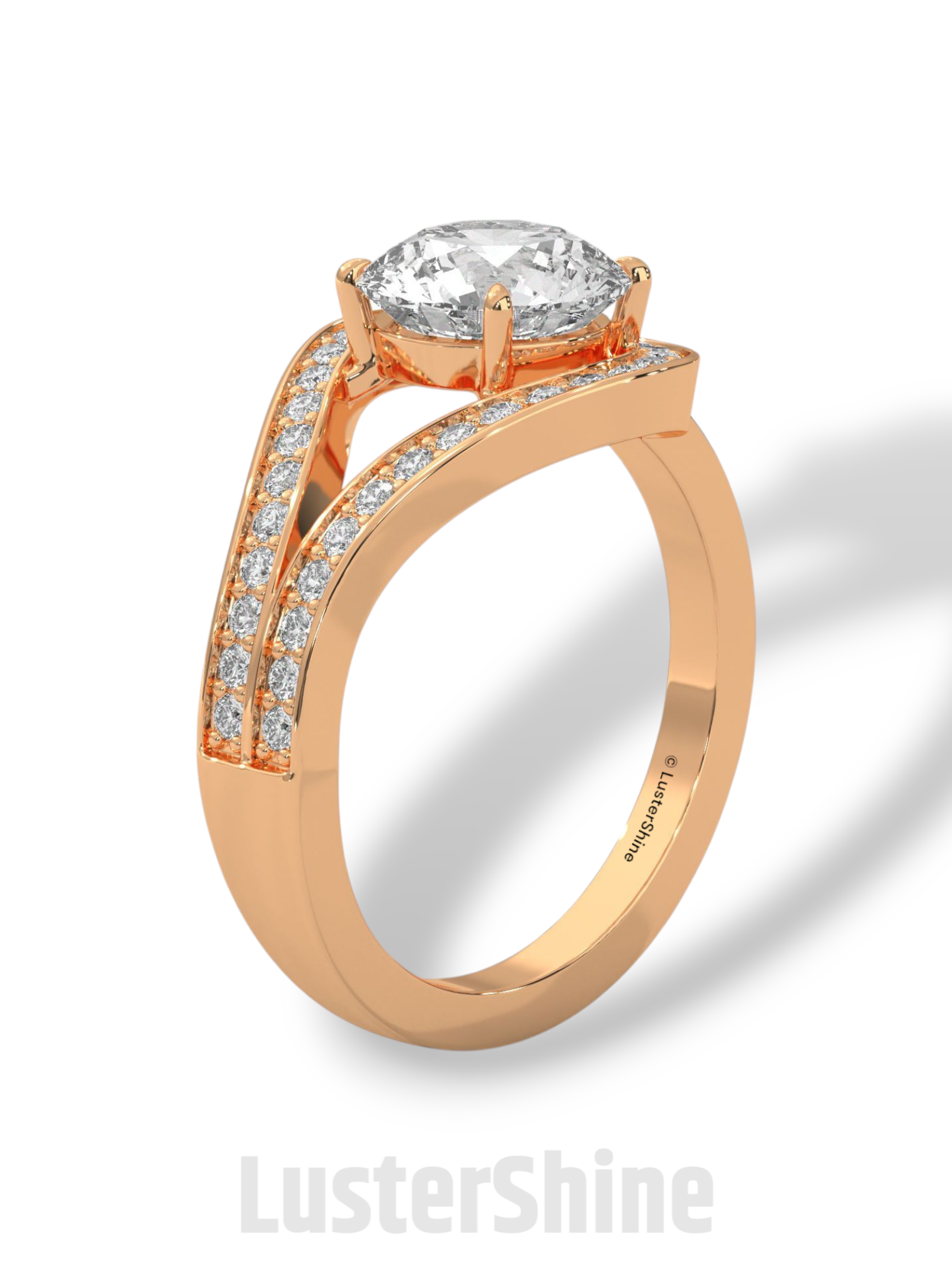Twisted Halo Round Diamond Engagement Ring – Unique Split Shank Design – 14K 18K Gold – Twist Moissanite Diamond Ring– LusterShine Ring