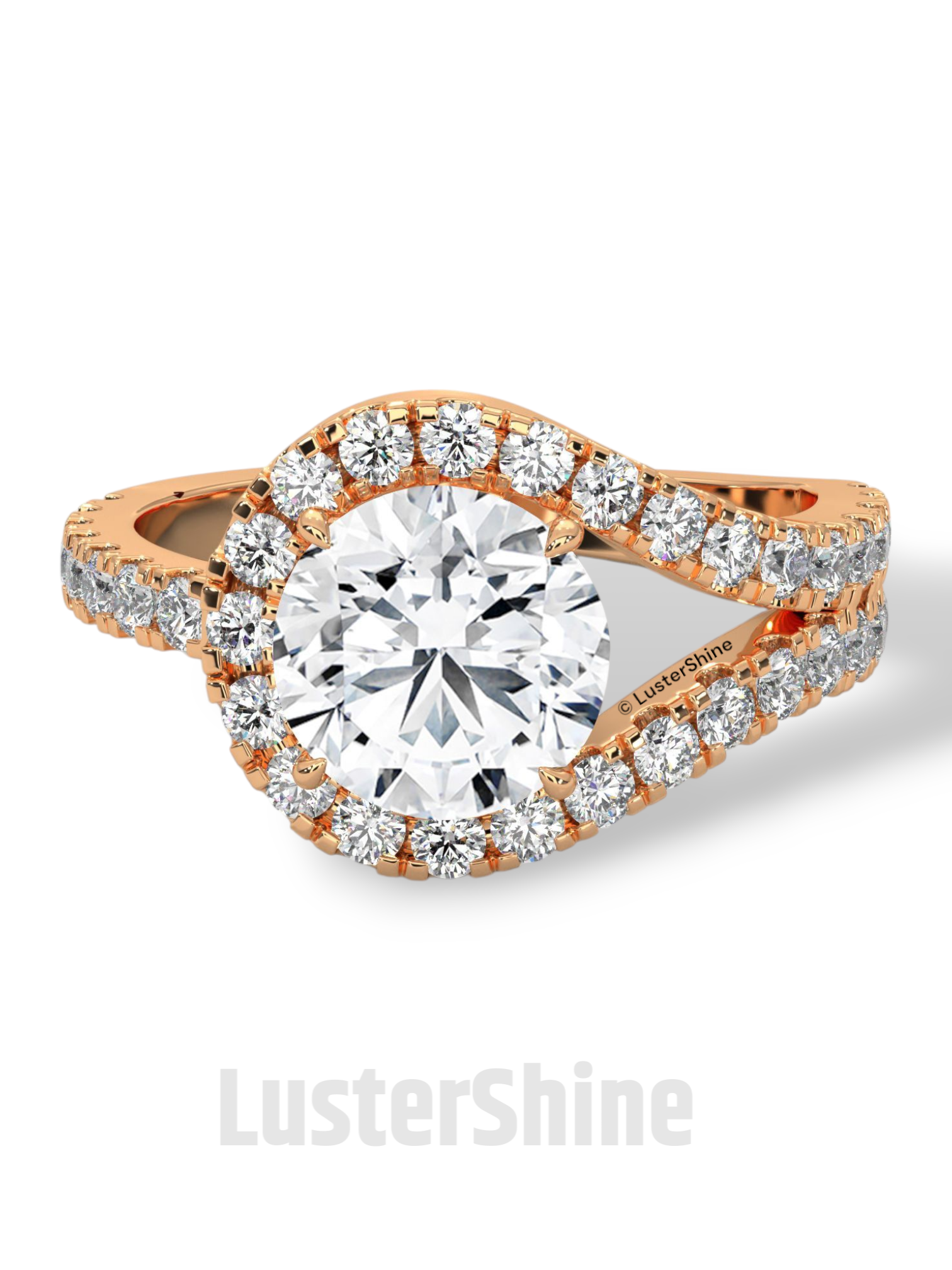 Crossover Diamond Engagement Ring – Round Cut Split Shank Halo Ring in 14K Gold – Moissanite Diamond Handmade Bridal Ring for Gift Party