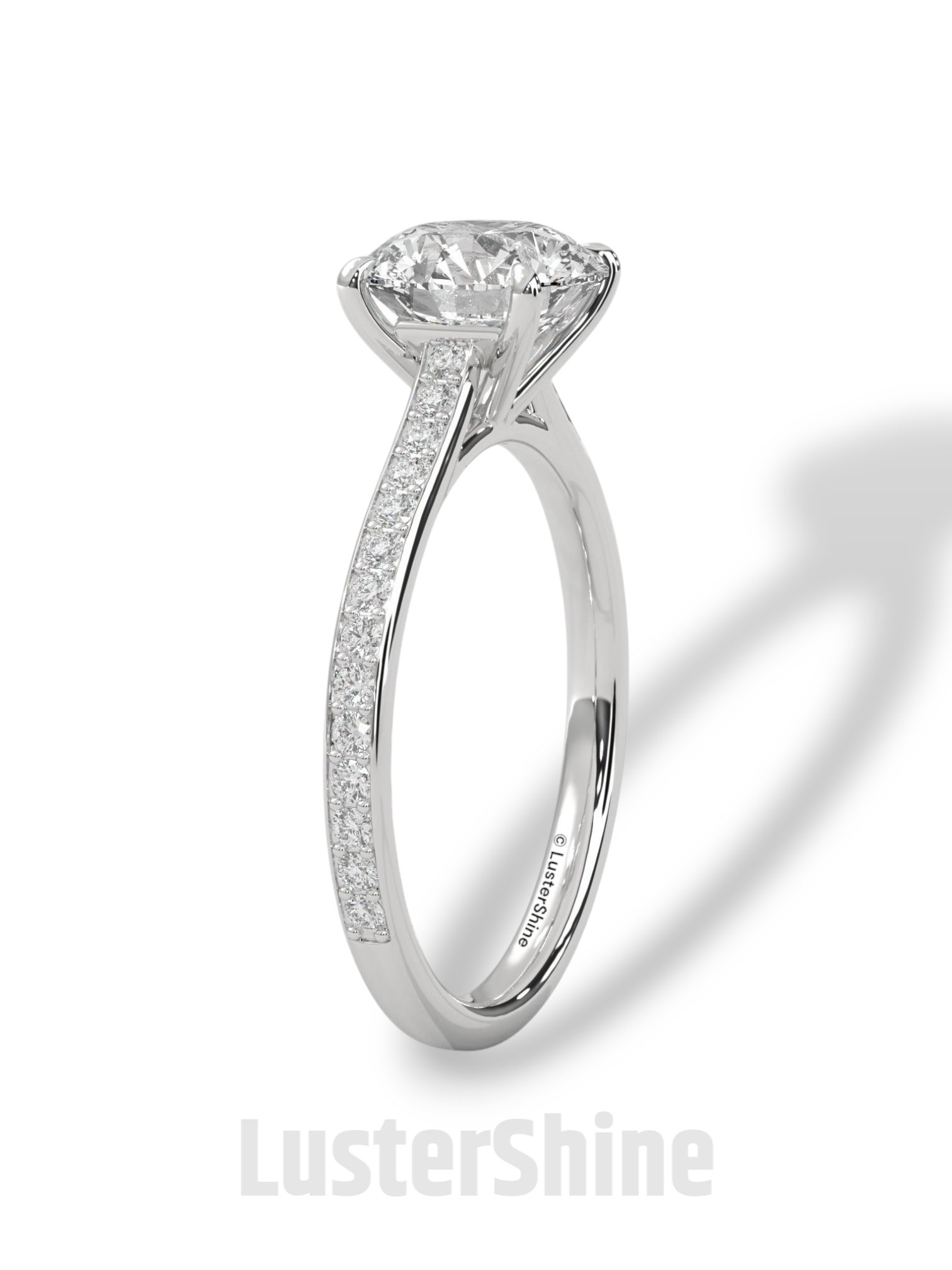 Round Brilliant Solitaire Ring – Moissanite Engagement Ring with Diamond Pave Band – Elegant 6 Prong Moissanite Engagement Ring in Silver