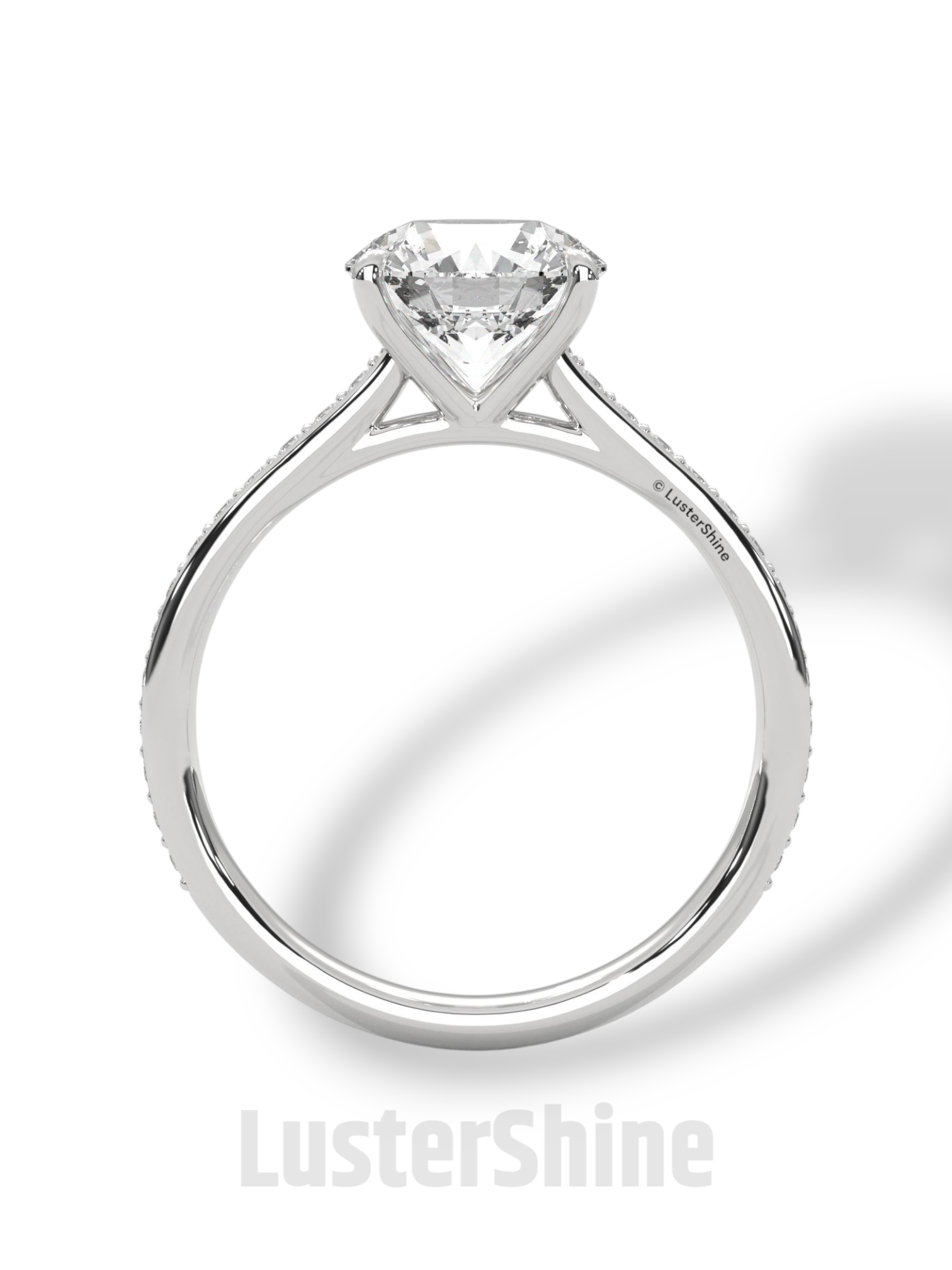 Round Brilliant Solitaire Ring – Moissanite Engagement Ring with Diamond Pave Band – Elegant 6 Prong Moissanite Engagement Ring in Silver