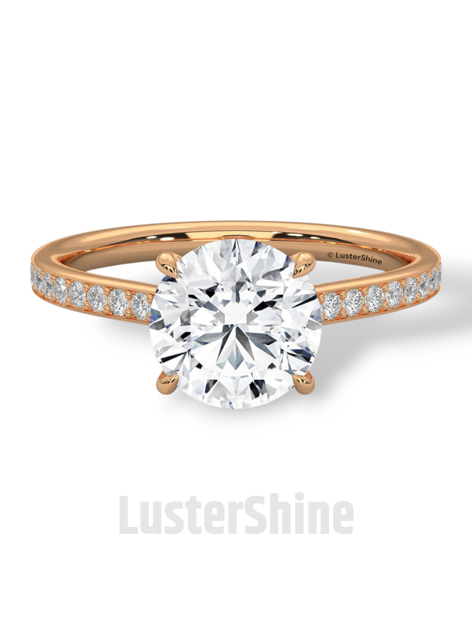 Round Brilliant Solitaire Ring – Moissanite Engagement Ring with Diamond Pave Band – Elegant 6 Prong Moissanite Engagement Ring in Silver
