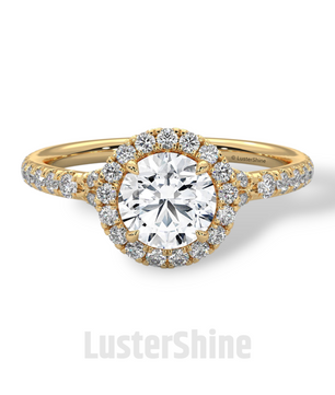 Round Halo Diamond Engagement Ring – 1ct Brilliant Center – Pave Band Gold Moissanite Ring – Proposal Ring – LusterShine Fine Jewelry