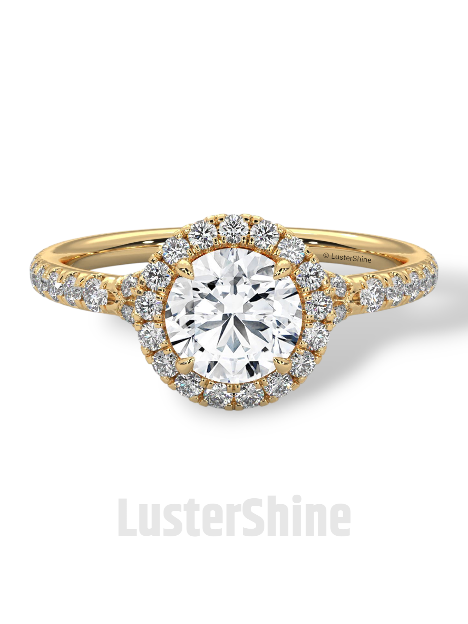 Round Halo Diamond Engagement Ring – 1ct Brilliant Center – Pave Band Gold Moissanite Ring – Proposal Ring – LusterShine Fine Jewelry