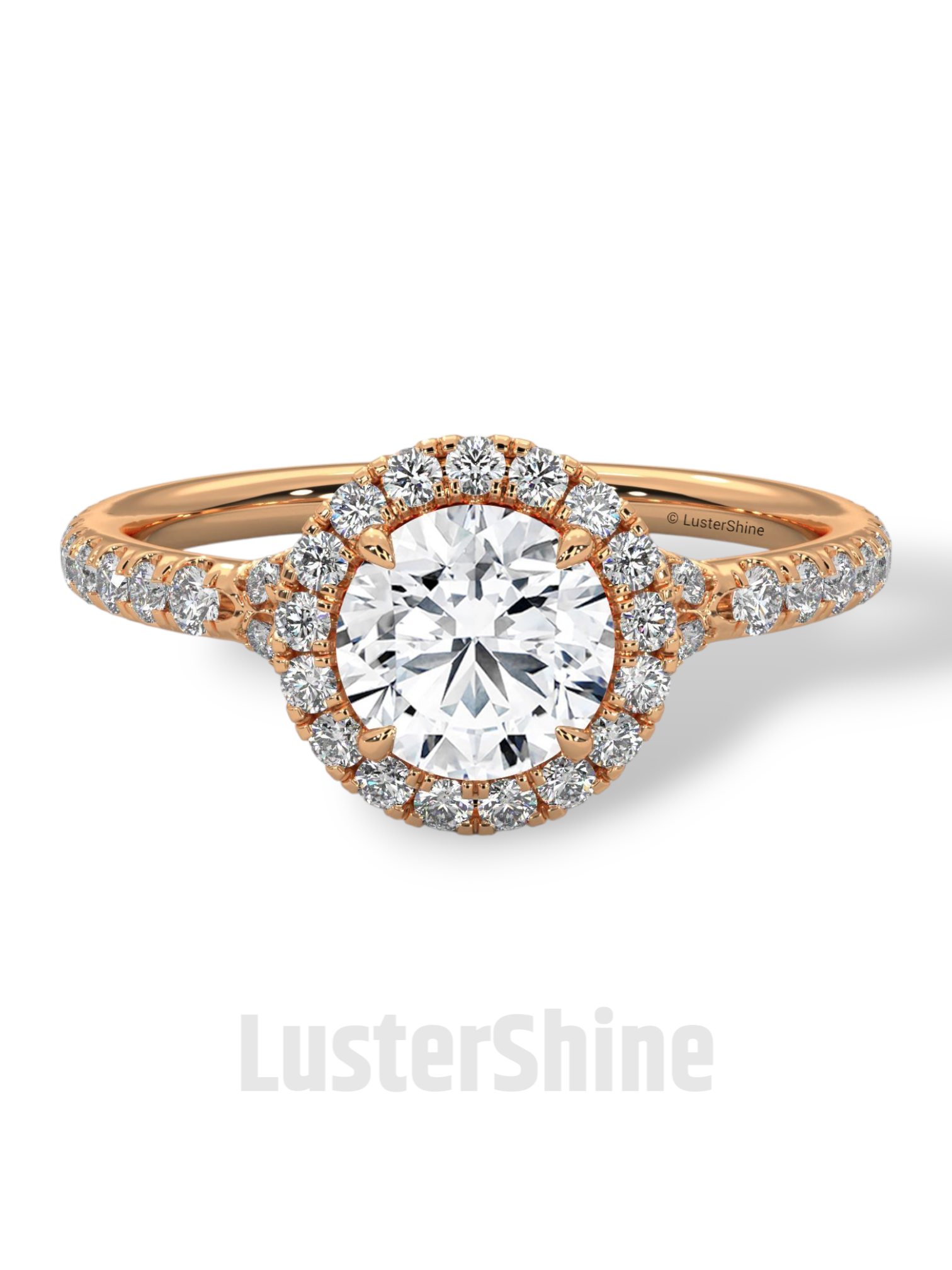 Round Halo Diamond Engagement Ring – 1ct Brilliant Center – Pave Band Gold Moissanite Ring – Proposal Ring – LusterShine Fine Jewelry