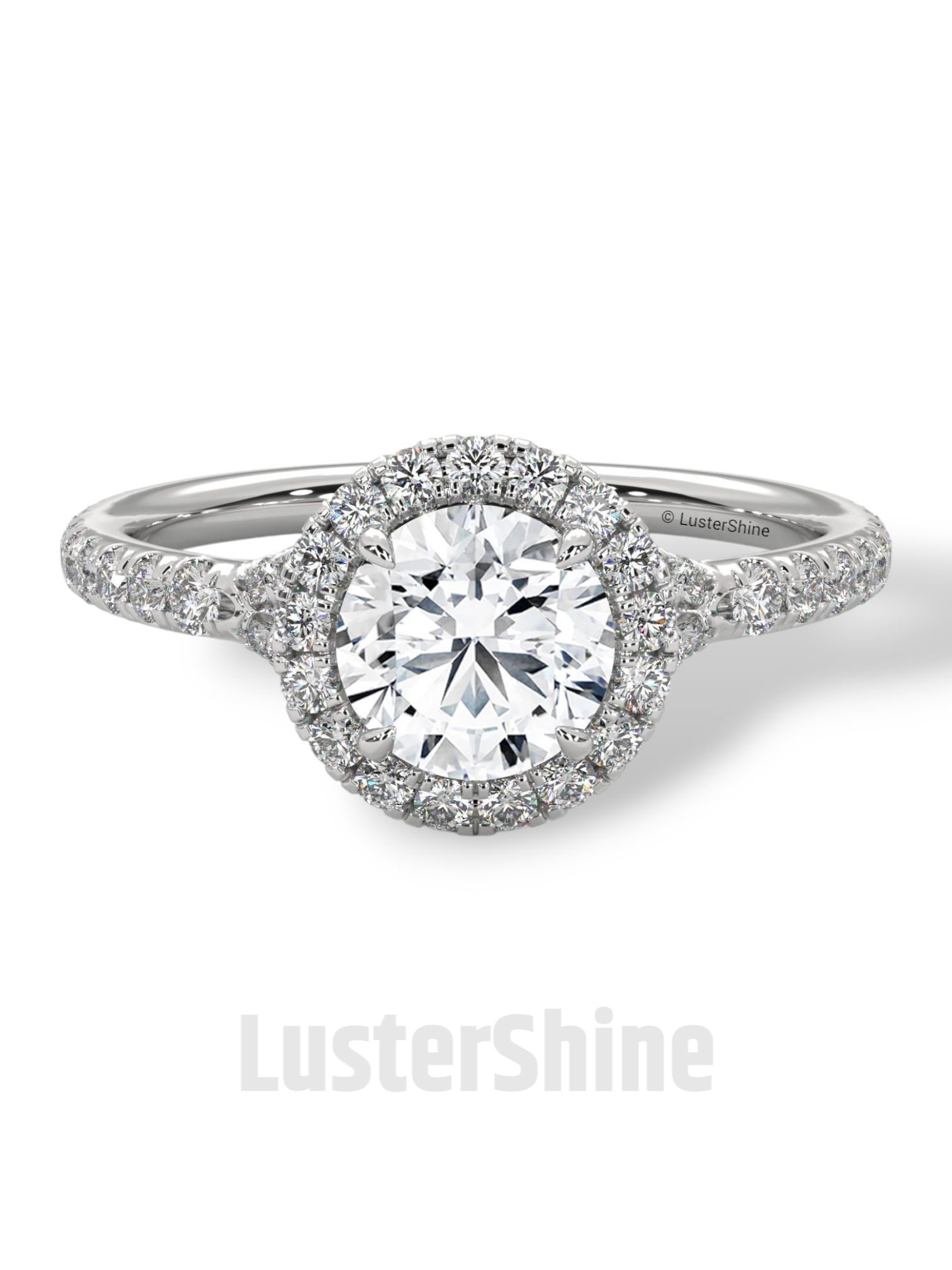 Round Halo Diamond Engagement Ring – 1ct Brilliant Center – Pave Band Gold Moissanite Ring – Proposal Ring – LusterShine Fine Jewelry