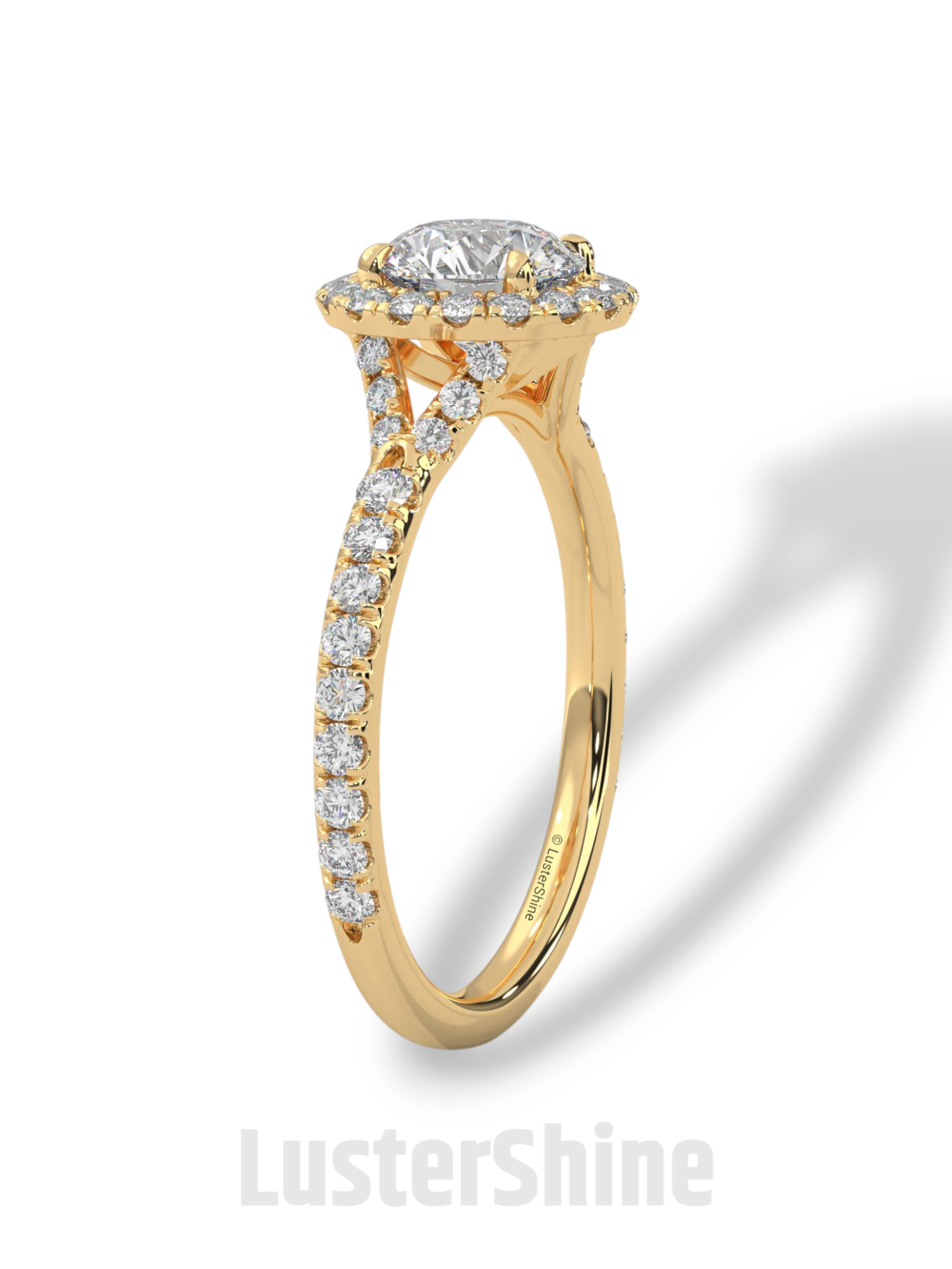 Round Halo Diamond Engagement Ring – 1ct Brilliant Center – Pave Band Gold Moissanite Ring – Proposal Ring – LusterShine Fine Jewelry