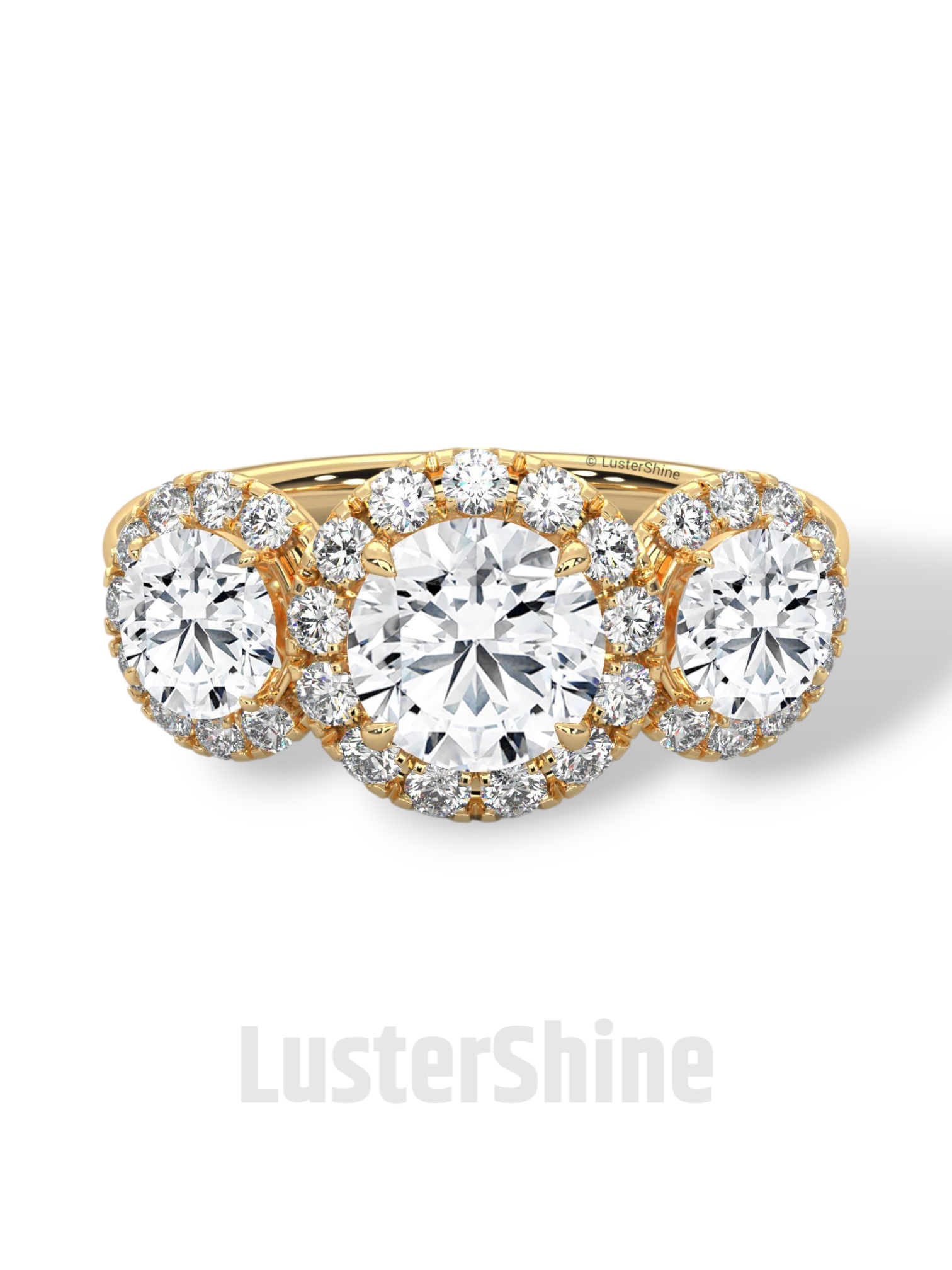 Round Cut Three Stone Engagement Ring – Halo Diamond Ring for Her – 1ct Center with 0.50ct Side Moissanite Diamond Three Stone Gold Ring