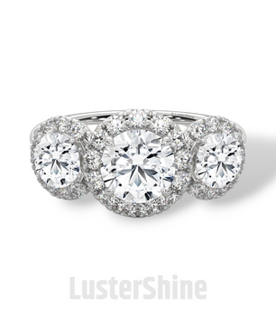 Round Cut Three Stone Engagement Ring – Halo Diamond Ring for Her – 1ct Center with 0.50ct Side Moissanite Diamond Three Stone Gold Ring
