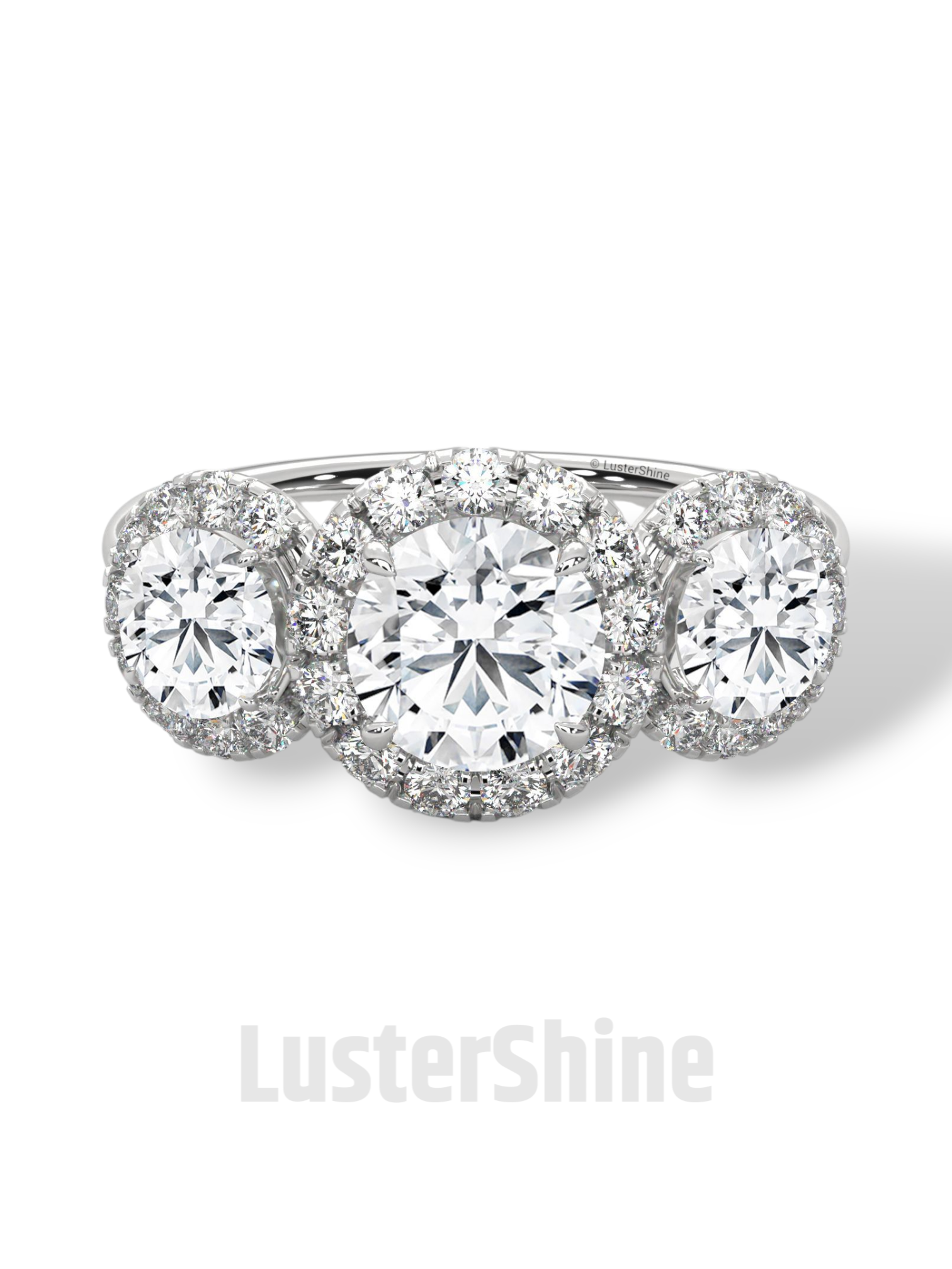 Round Cut Three Stone Engagement Ring – Halo Diamond Ring for Her – 1ct Center with 0.50ct Side Moissanite Diamond Three Stone Gold Ring