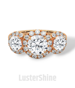 Round Cut Three Stone Engagement Ring – Halo Diamond Ring for Her – 1ct Center with 0.50ct Side Moissanite Diamond Three Stone Gold Ring