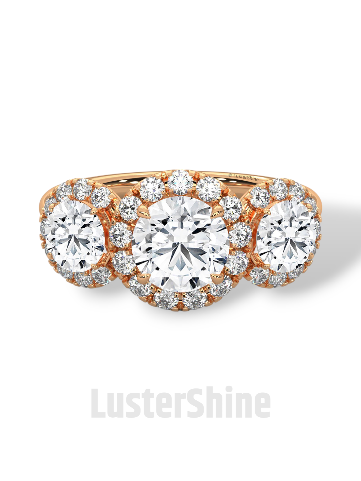 Round Cut Three Stone Engagement Ring – Halo Diamond Ring for Her – 1ct Center with 0.50ct Side Moissanite Diamond Three Stone Gold Ring