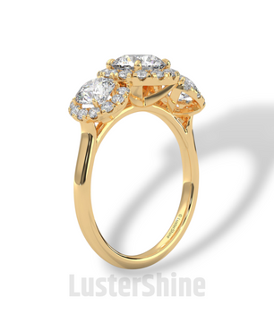 Round Cut Three Stone Engagement Ring – Halo Diamond Ring for Her – 1ct Center with 0.50ct Side Moissanite Diamond Three Stone Gold Ring