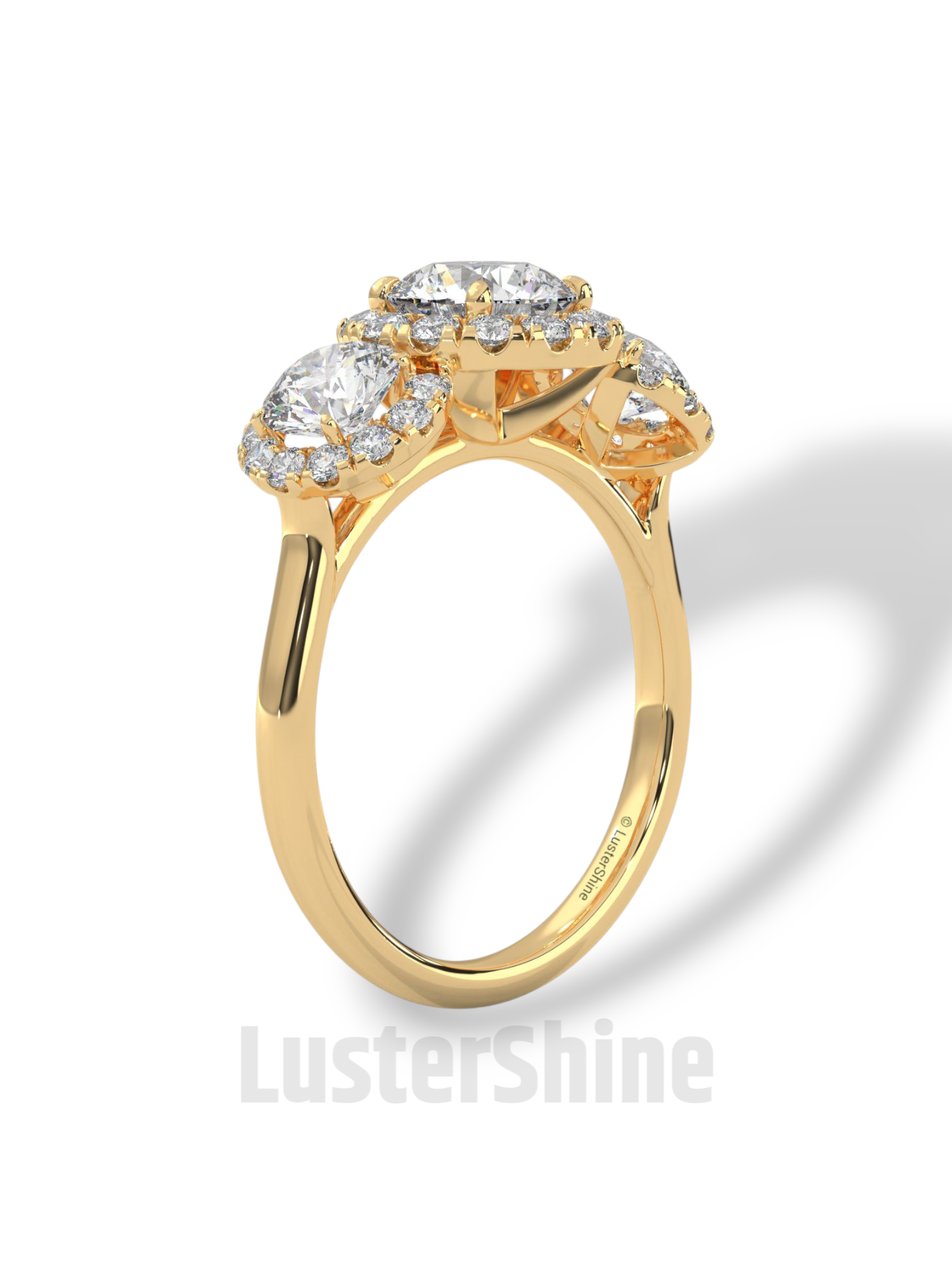Round Cut Three Stone Engagement Ring – Halo Diamond Ring for Her – 1ct Center with 0.50ct Side Moissanite Diamond Three Stone Gold Ring