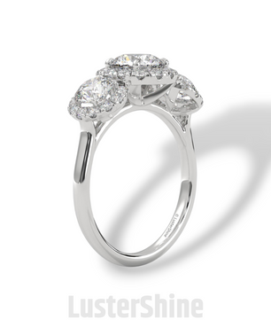 Round Cut Three Stone Engagement Ring – Halo Diamond Ring for Her – 1ct Center with 0.50ct Side Moissanite Diamond Three Stone Gold Ring