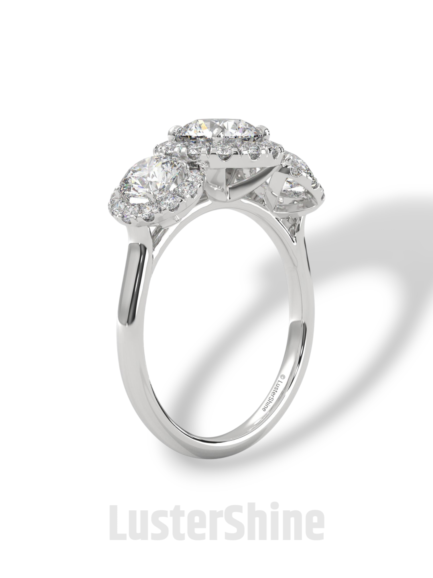 Round Cut Three Stone Engagement Ring – Halo Diamond Ring for Her – 1ct Center with 0.50ct Side Moissanite Diamond Three Stone Gold Ring