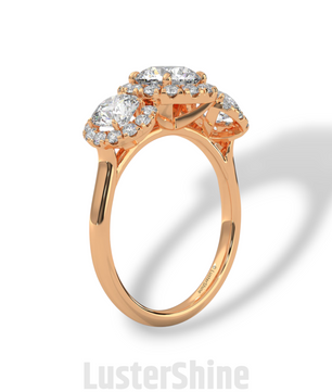 Round Cut Three Stone Engagement Ring – Halo Diamond Ring for Her – 1ct Center with 0.50ct Side Moissanite Diamond Three Stone Gold Ring