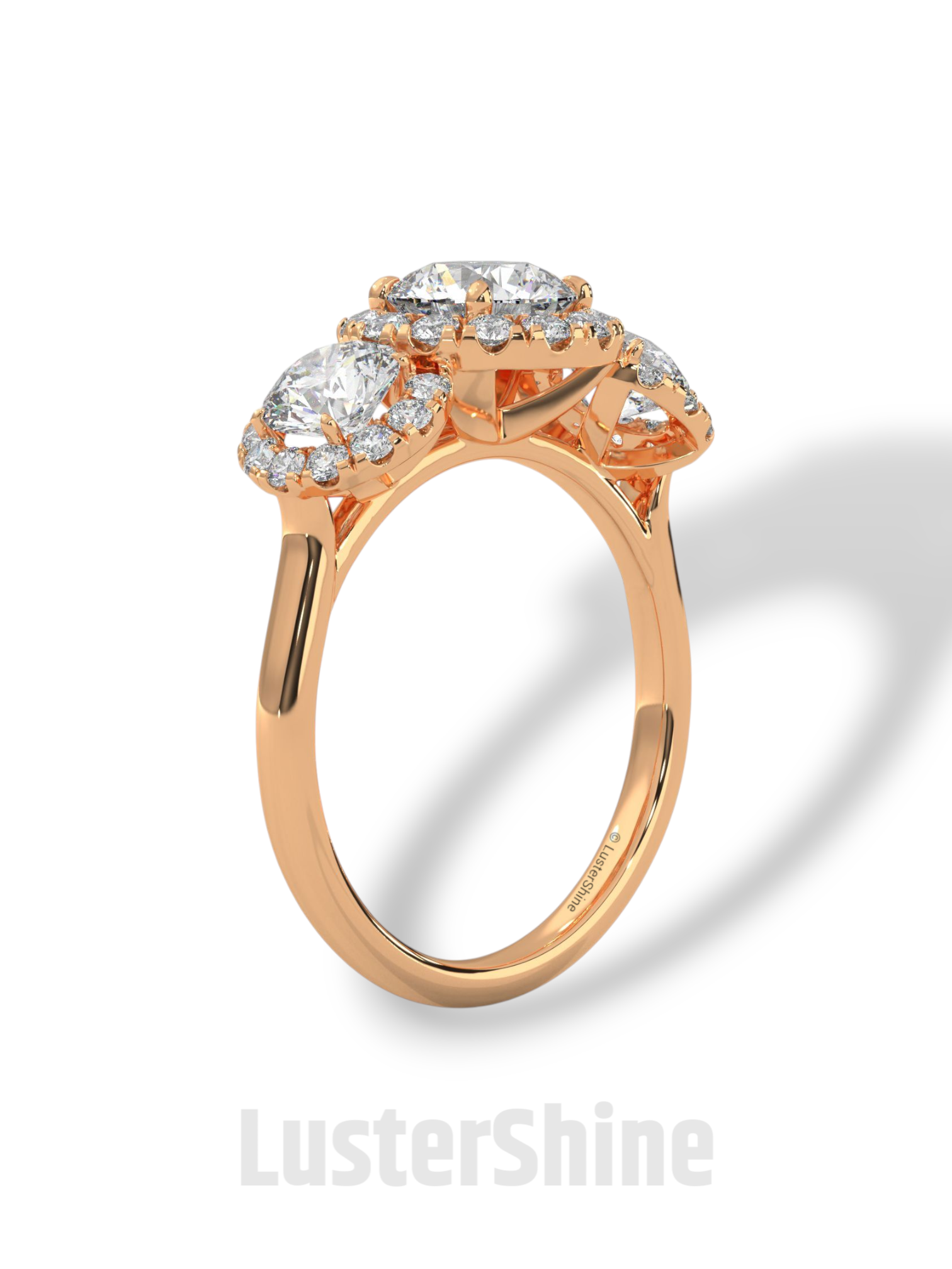 Round Cut Three Stone Engagement Ring – Halo Diamond Ring for Her – 1ct Center with 0.50ct Side Moissanite Diamond Three Stone Gold Ring