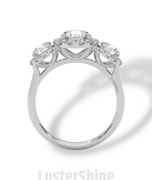 Round Cut Three Stone Engagement Ring – Halo Diamond Ring for Her – 1ct Center with 0.50ct Side Moissanite Diamond Three Stone Gold Ring