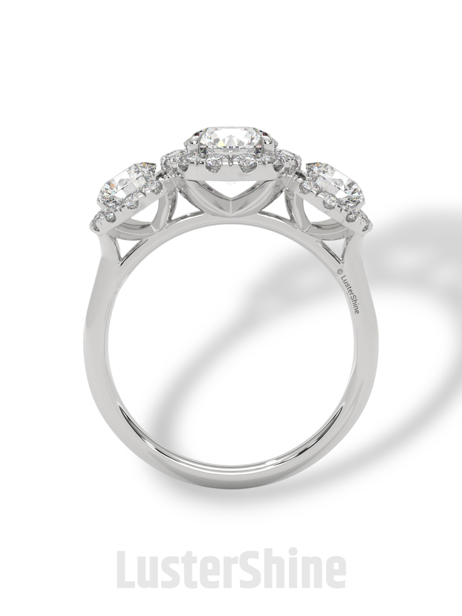 Round Cut Three Stone Engagement Ring – Halo Diamond Ring for Her – 1ct Center with 0.50ct Side Moissanite Diamond Three Stone Gold Ring