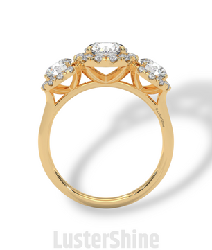 Round Cut Three Stone Engagement Ring – Halo Diamond Ring for Her – 1ct Center with 0.50ct Side Moissanite Diamond Three Stone Gold Ring