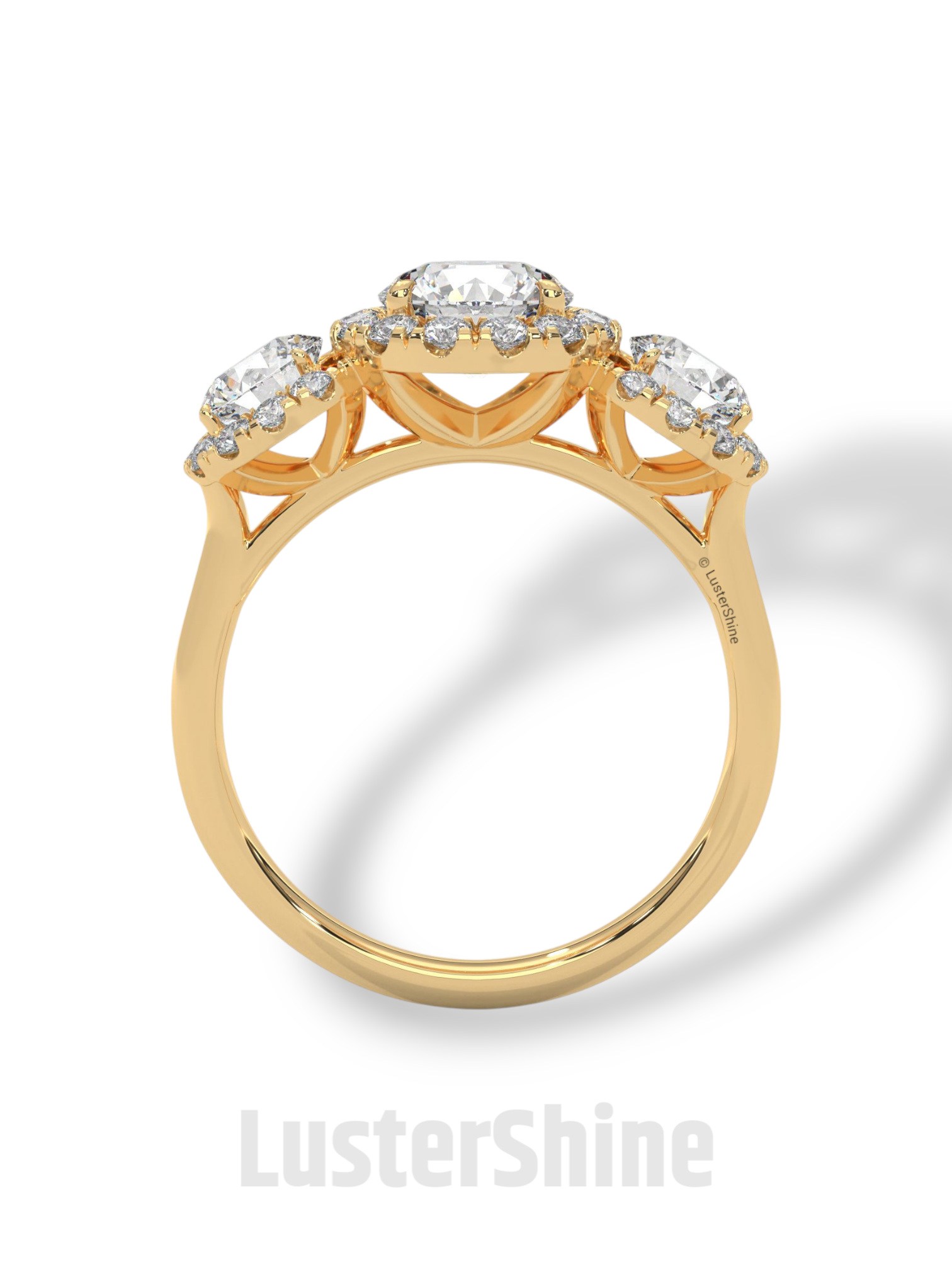 Round Cut Three Stone Engagement Ring – Halo Diamond Ring for Her – 1ct Center with 0.50ct Side Moissanite Diamond Three Stone Gold Ring