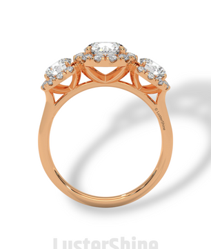 Round Cut Three Stone Engagement Ring – Halo Diamond Ring for Her – 1ct Center with 0.50ct Side Moissanite Diamond Three Stone Gold Ring