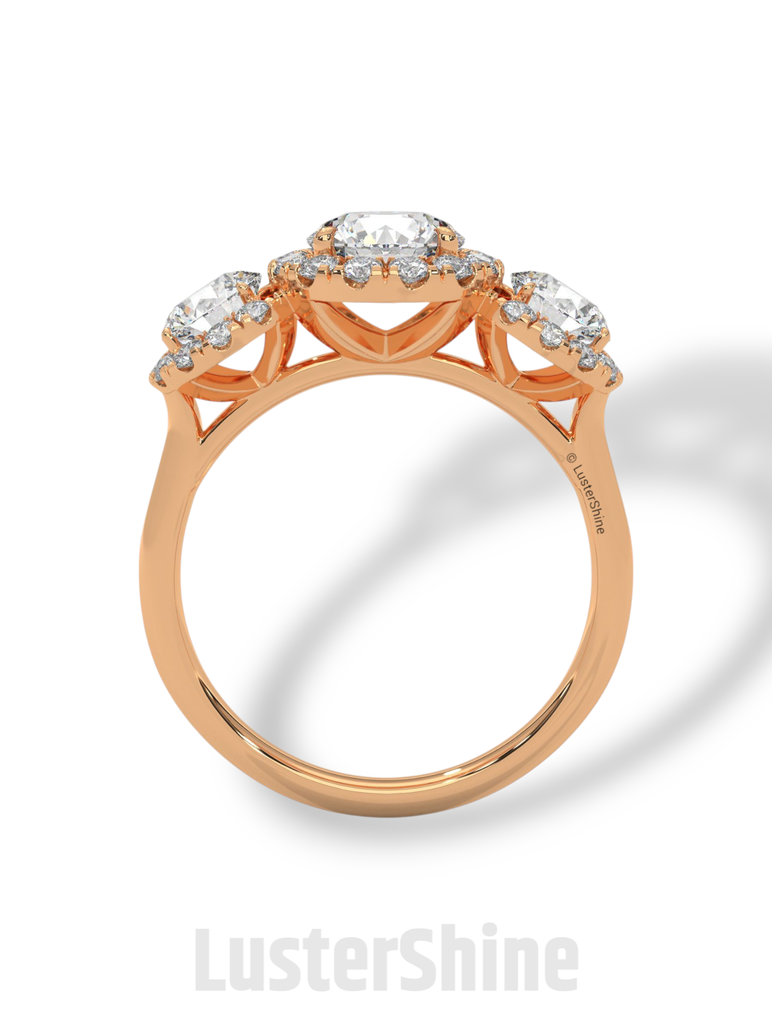 Round Cut Three Stone Engagement Ring – Halo Diamond Ring for Her – 1ct Center with 0.50ct Side Moissanite Diamond Three Stone Gold Ring
