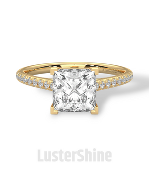 Princess Cut Solitaire Ring – 2 Carat Diamond Engagement Ring – Four Prong Classic Design Pave Diamond Wedding Ring – Custom Wedding Ring