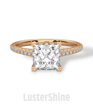 Princess Cut Solitaire Ring – 2 Carat Diamond Engagement Ring – Four Prong Classic Design Pave Diamond Wedding Ring – Custom Wedding Ring
