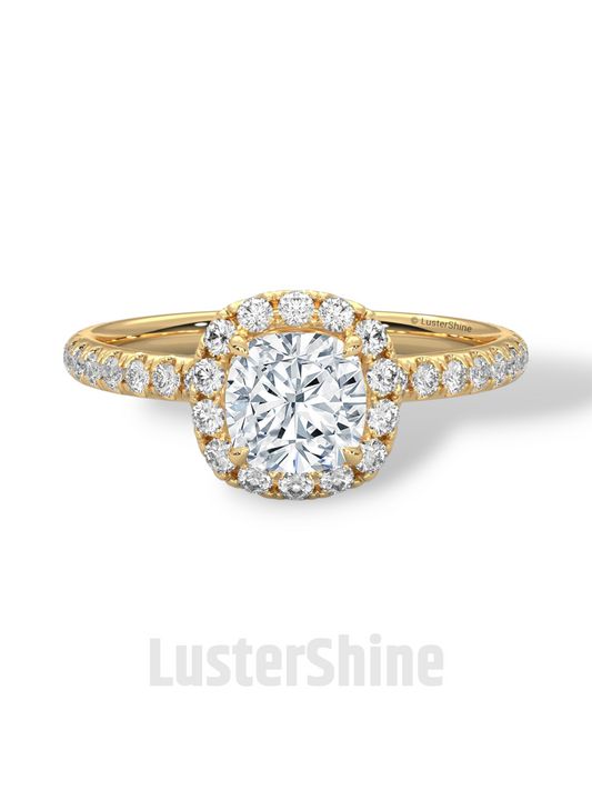 Cushion Cut Halo Ring – 1CT Moissanite Engagement Ring – Diamond Accent Pave Band – 14K Gold Dainty Bridal Ring – Handmade Ring