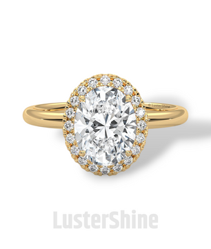 Oval Halo Engagement Ring – 2 Carat Moissanite Center – Pave Diamond Band – 14K Yellow Gold Elegant Bridal Ring – Custom Bridal Jewelry Gift