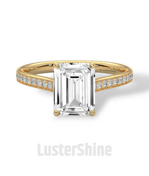Emerald Cut Diamond Engagement Ring – Pave Band Gold Ring – Moissanite Yellow & White Gold Ring – Art Deco Ring – LusterShine Bridal Jewelry