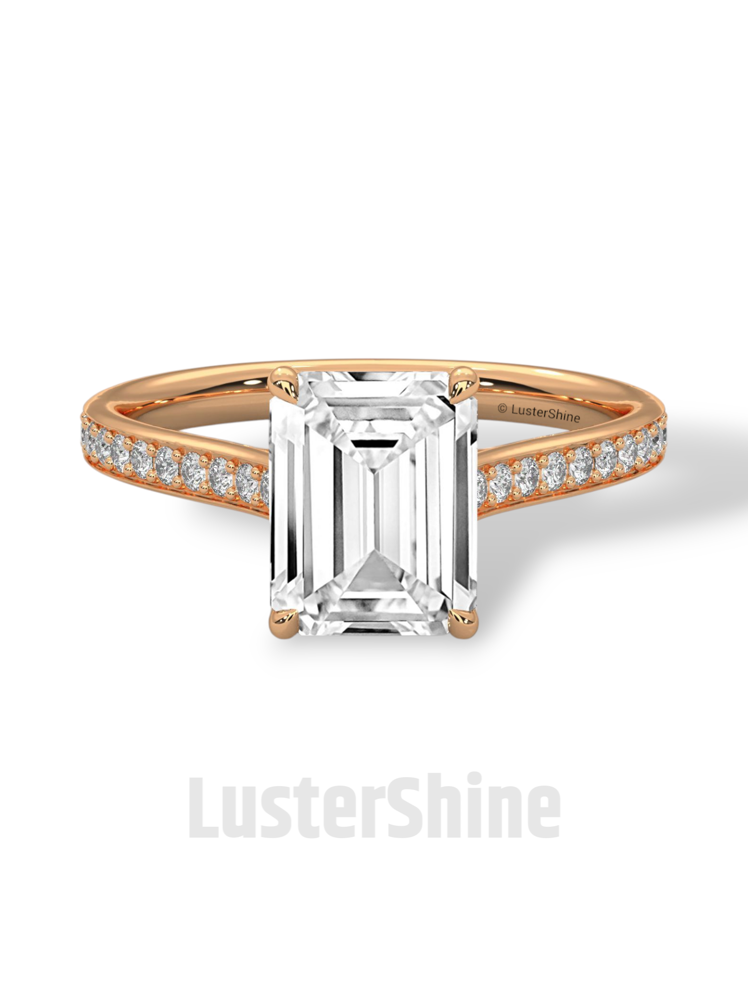 Emerald Cut Diamond Engagement Ring – Pave Band Gold Ring – Moissanite Yellow & White Gold Ring – Art Deco Ring – LusterShine Bridal Jewelry