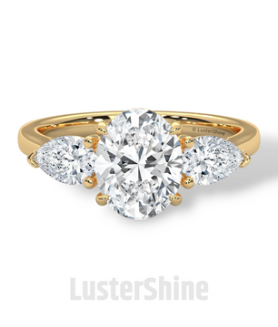 Oval Diamond Three Stone Ring – Pear Side Stone Engagement Ring – 14K 18K Yellow Gold Vintage Inspired Bridal Ring – Unique Custom Ring Gift