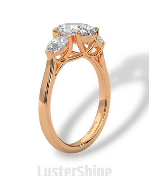 Oval Diamond Three Stone Ring – Pear Side Stone Engagement Ring – 14K 18K Yellow Gold Vintage Inspired Bridal Ring – Unique Custom Ring Gift
