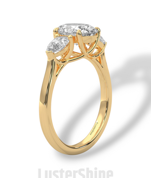 Oval Diamond Three Stone Ring – Pear Side Stone Engagement Ring – 14K 18K Yellow Gold Vintage Inspired Bridal Ring – Unique Custom Ring Gift