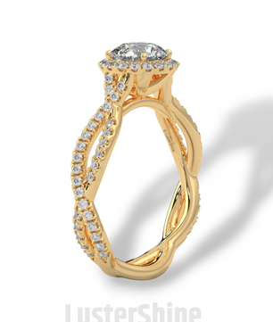 Twisted Halo Engagement Ring – 1 Carat Round Diamond Ring – Infinity Band Style – Custom Gold Bridal Ring – Elegant Vintage Inspired Ring