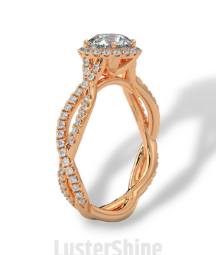 Twisted Halo Engagement Ring – 1 Carat Round Diamond Ring – Infinity Band Style – Custom Gold Bridal Ring – Elegant Vintage Inspired Ring