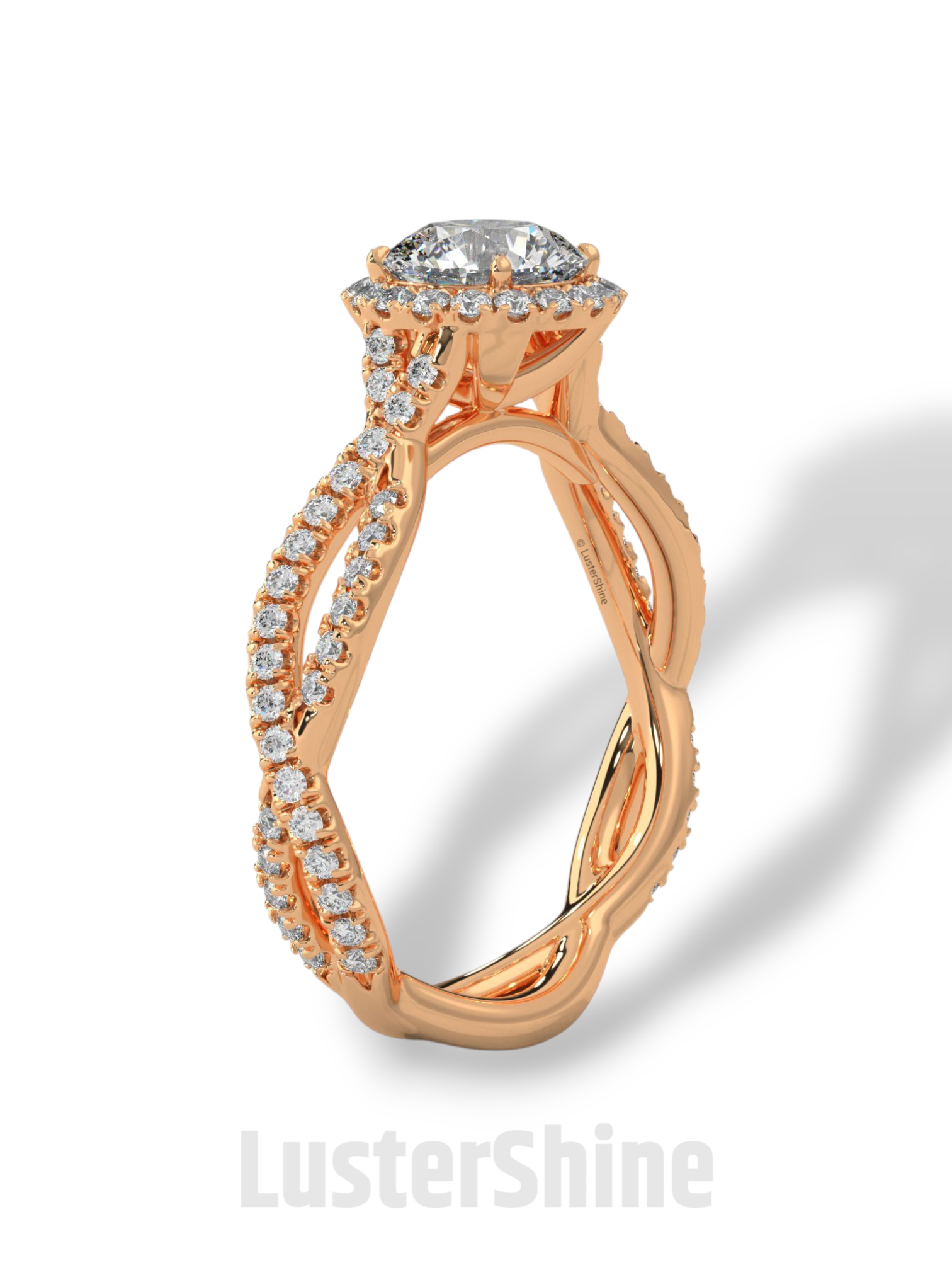 Twisted Halo Engagement Ring – 1 Carat Round Diamond Ring – Infinity Band Style – Custom Gold Bridal Ring – Elegant Vintage Inspired Ring
