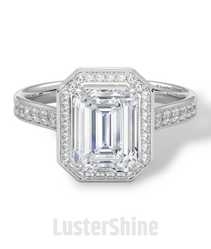 2CT Emerald Diamond Ring – Halo Engagement Ring – Step Cut Gold Ring – Elegant Pave Band – Vintage Inspired Unique Art Deco Wedding Ring
