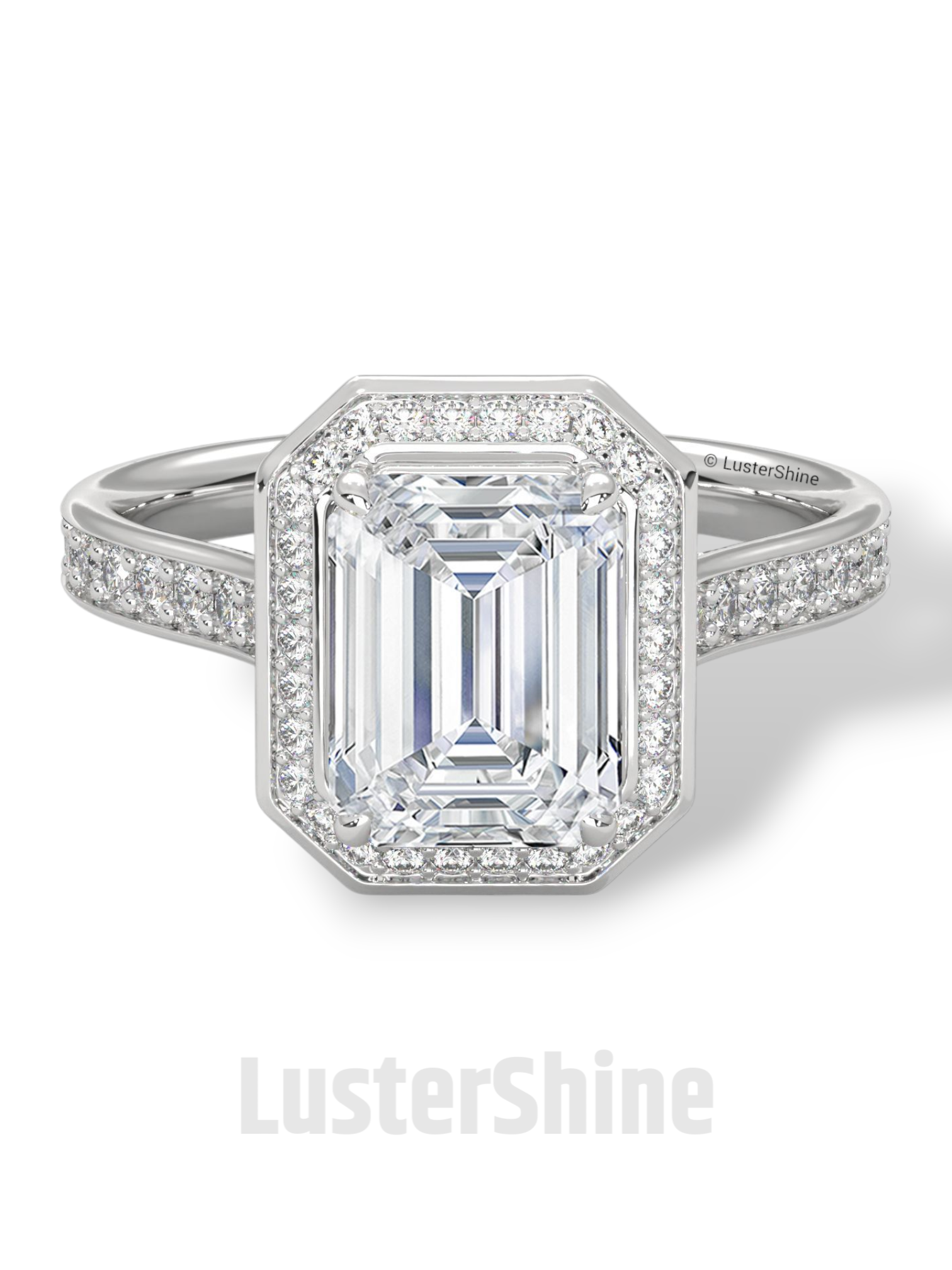 2CT Emerald Diamond Ring – Halo Engagement Ring – Step Cut Gold Ring – Elegant Pave Band – Vintage Inspired Unique Art Deco Wedding Ring